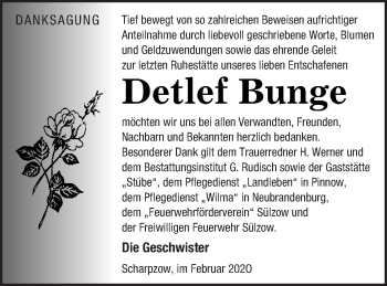 Traueranzeige von Detlef Bunge von Mecklenburger Schweiz