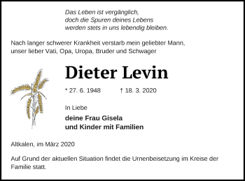 Traueranzeige von Dieter Levin von Mecklenburger Schweiz