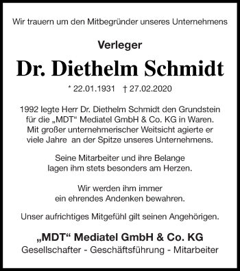 Traueranzeige von Diethelm Schmidt von Müritz-Zeitung