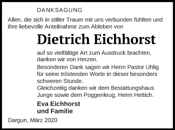 Traueranzeige von Dietrich Eichhorst von Mecklenburger Schweiz