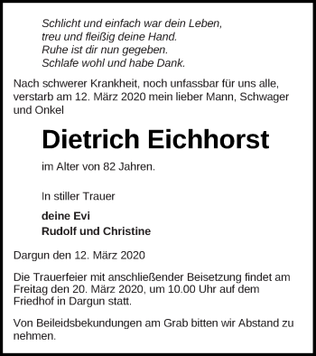 Traueranzeige von Dietrich Eichhorst von Mecklenburger Schweiz