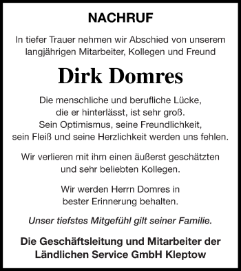 Traueranzeige von Dirk Domres von Prenzlauer Zeitung