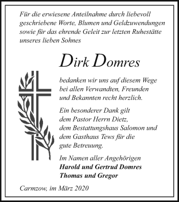 Traueranzeige von Dirk Domres von Prenzlauer Zeitung