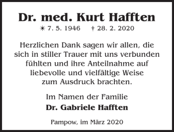 Traueranzeige von Dr. med. Kurt Hafften von Zeitung für die Landeshauptstadt