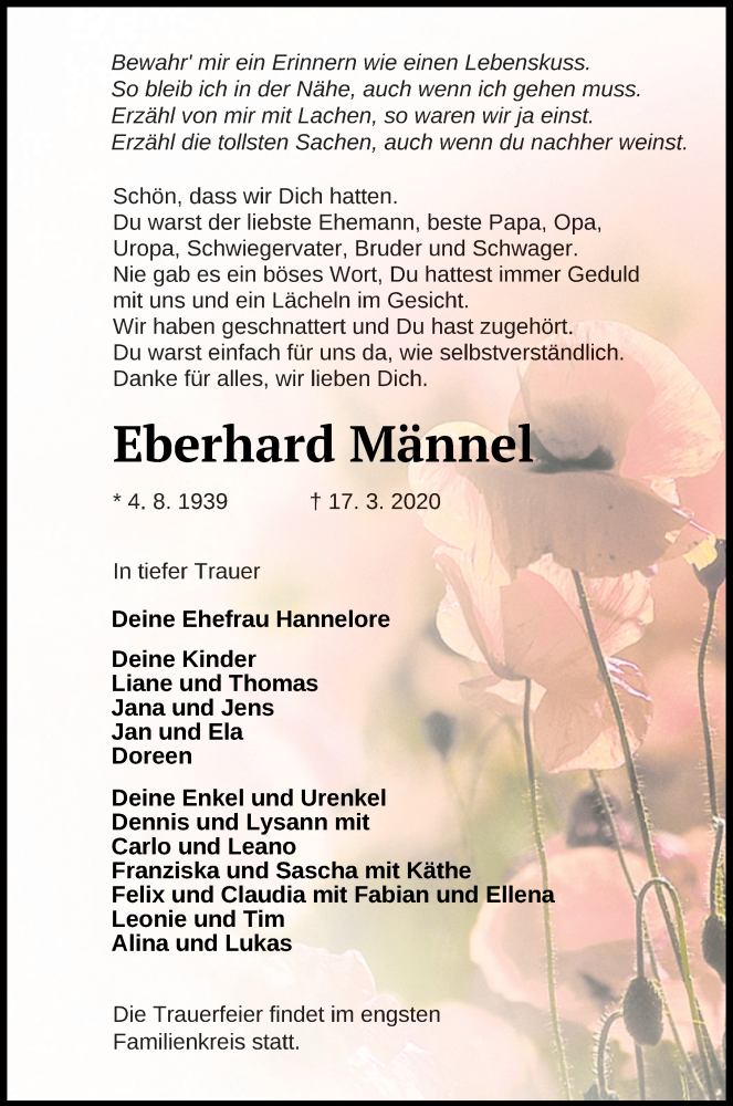 Traueranzeige für Eberhard Männel vom 25.03.2020 aus Neubrandenburger Zeitung