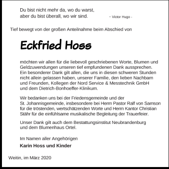 Traueranzeige von Eckfried Hoss von Neubrandenburger Zeitung