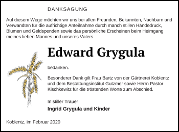 Traueranzeige von Edward Grygula von Pasewalker Zeitung