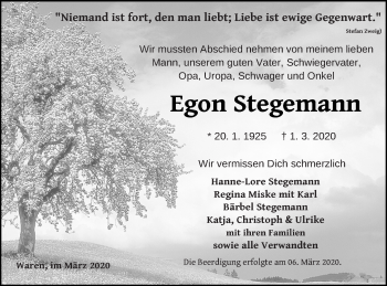 Traueranzeige von Egon Stegemann von Müritz-Zeitung