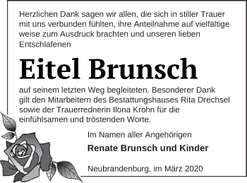 Traueranzeige von Eitel Brunsch von Neubrandenburger Zeitung