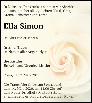 Traueranzeige von Ella Simon von Neubrandenburger Zeitung