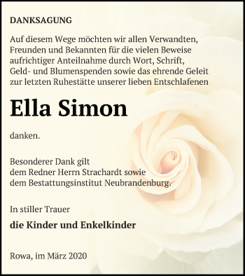 Traueranzeige von Ella Simon von Neubrandenburger Zeitung