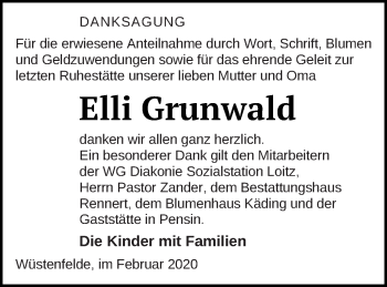 Traueranzeige von Elli Grunwald von Vorpommern Kurier