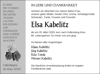 Traueranzeige von Elsa Kabelitz von Prenzlauer Zeitung