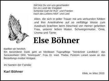 Traueranzeige von Else Böhner von Müritz-Zeitung