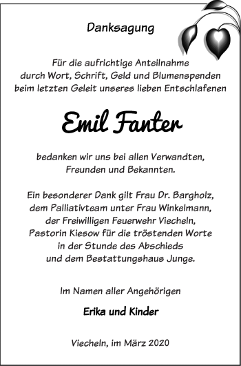 Traueranzeige von Emil Fanter von Mecklenburger Schweiz