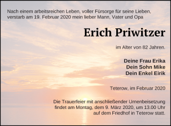 Traueranzeige von Erich Priwitzer von Mecklenburger Schweiz