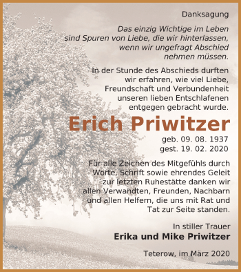 Traueranzeige von Erich Priwitzer von Mecklenburger Schweiz