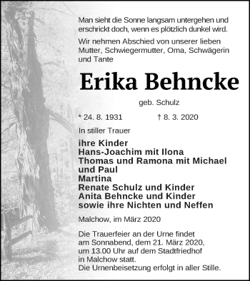 Traueranzeige von Erika Behncke von Müritz-Zeitung
