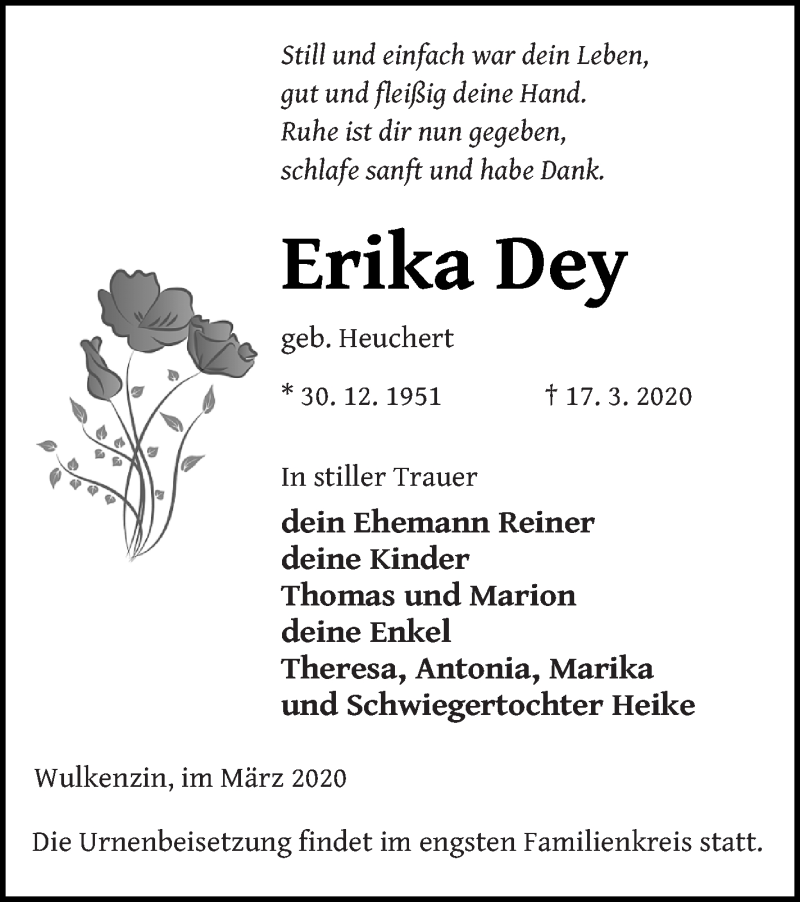  Traueranzeige für Erika Dey vom 21.03.2020 aus Neubrandenburger Zeitung