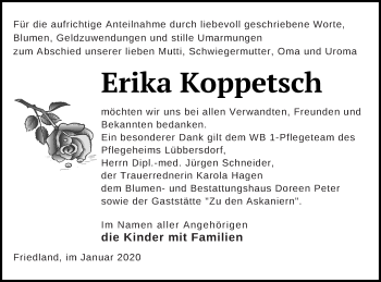 Traueranzeige von Erika Koppetsch von Neubrandenburger Zeitung