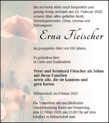 Traueranzeige von Erna Fleischer von Templiner Zeitung