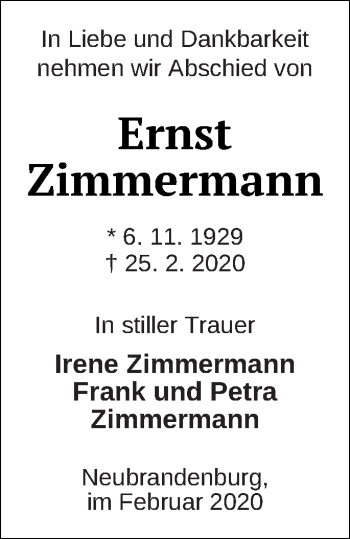 Traueranzeige von Ernst Zimmermann von Neubrandenburger Zeitung