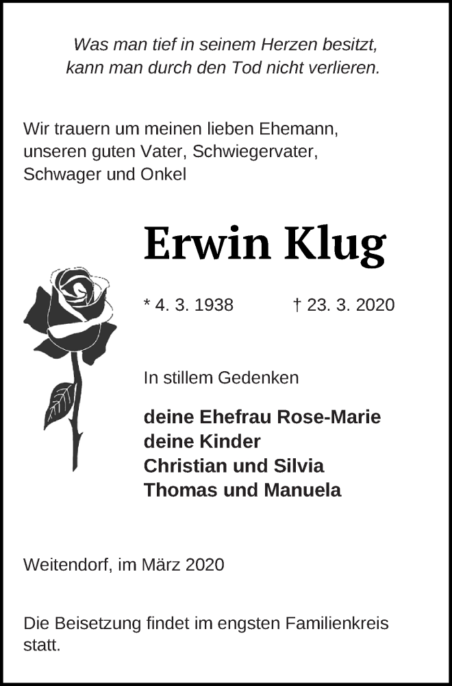  Traueranzeige für Erwin Klug vom 26.03.2020 aus Mecklenburger Schweiz