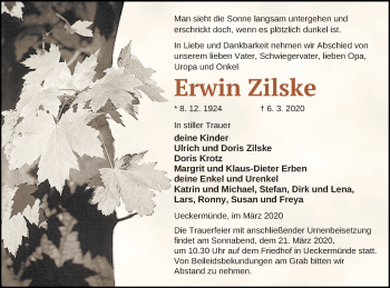 Traueranzeige von Erwin Zilske von Haff-Zeitung
