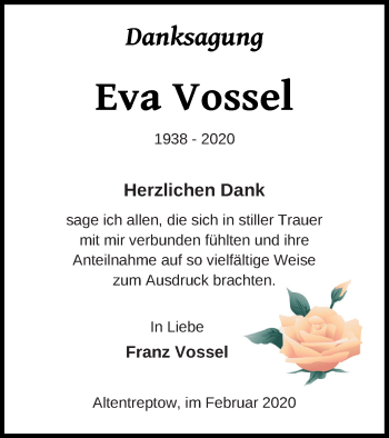 Traueranzeige von Eva Vossel von Neubrandenburger Zeitung