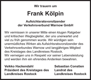 Traueranzeige von Frank Kölpin von Güstrower Anzeiger