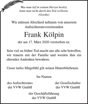 Traueranzeige von Frank Kölpin von Norddeutsche Neueste Nachrichten