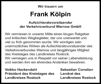 Traueranzeige von Frank Kölpin von Mecklenburger Schweiz