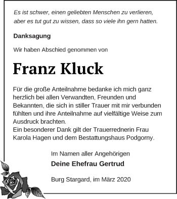 Traueranzeige von Franz Kluck von Neubrandenburger Zeitung