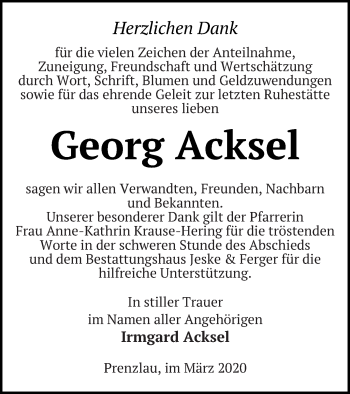 Traueranzeige von Georg Acksel von Prenzlauer Zeitung