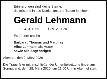 Traueranzeige von Gerald Lehmann von Müritz-Zeitung