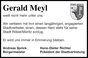 Traueranzeige von Gerald Meyl von Müritz-Zeitung