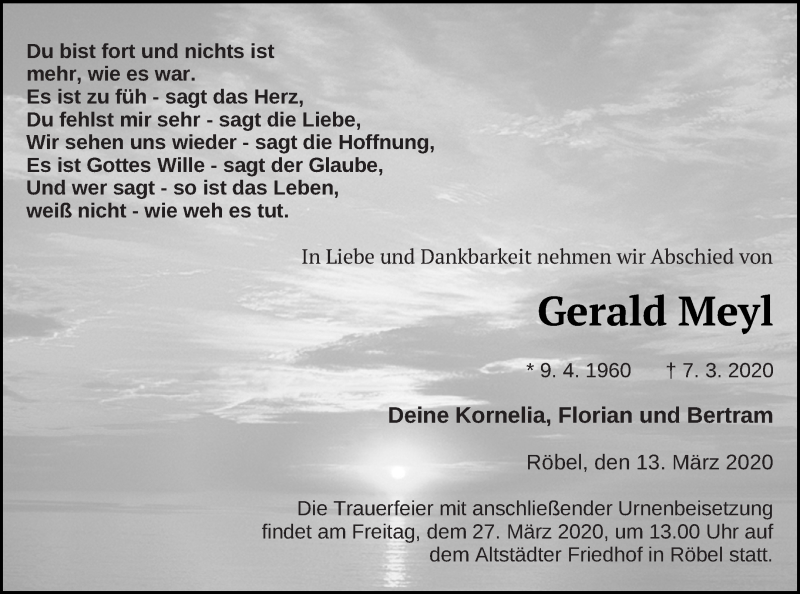  Traueranzeige für Gerald Meyl vom 14.03.2020 aus Müritz-Zeitung