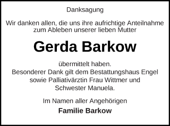 Traueranzeige von Gerda Barkow von Mecklenburger Schweiz