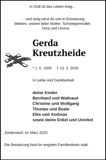 Traueranzeige von Gerda Kreutzheide von Mecklenburger Schweiz