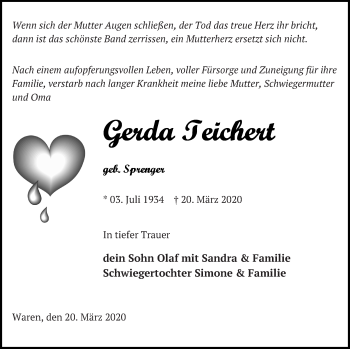 Traueranzeige von Gerda Teichert von Müritz-Zeitung