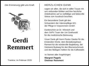 Traueranzeige von Gerdi Remmert von Vorpommern Kurier