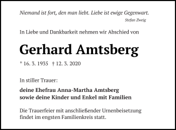 Traueranzeige von Gerhard Amtsberg von Vorpommern Kurier