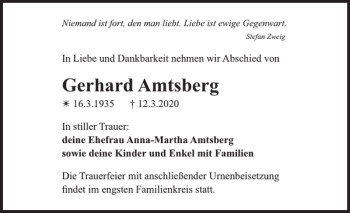 Traueranzeige von Gerhard Amtsberg von Zeitung für die Landeshauptstadt