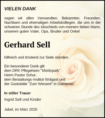 Traueranzeige von Gerhard Sell von Müritz-Zeitung