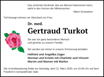 Traueranzeige von Gertraud Turkot von Prenzlauer Zeitung