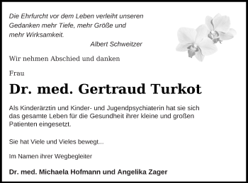 Traueranzeige von Gertraud Turkot von Prenzlauer Zeitung