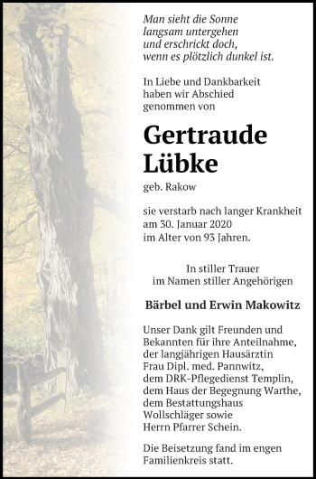 Traueranzeige von Gertraude Lübke von Templiner Zeitung