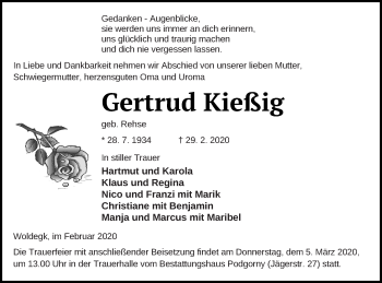 Traueranzeige von Gertrud Kießig von Strelitzer Zeitung