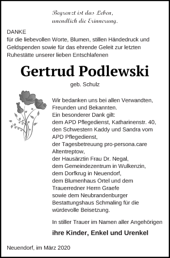 Traueranzeige von Gertrud Podlewski von Neubrandenburger Zeitung