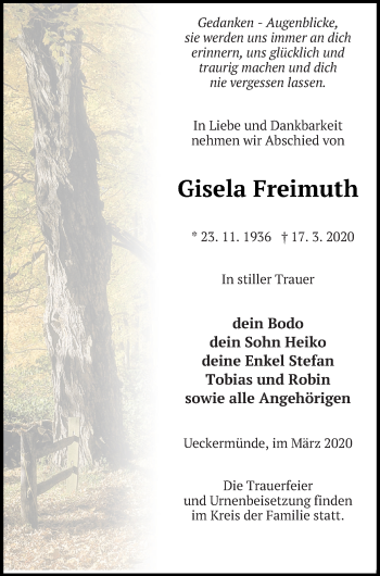 Traueranzeige von Gisela Freimuth von Haff-Zeitung
